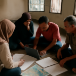 Warga menyusun dokumen tuntutan aksi di balai komunitas