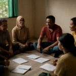 Warga duduk melingkar dalam pertemuan membahas konflik internal gerakan sosial
